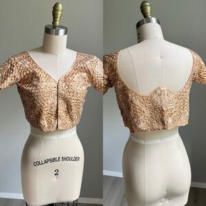 Vintage Metallic Rose Gold Crop Top Small Fairy Dainty Stiff Corset Hooks